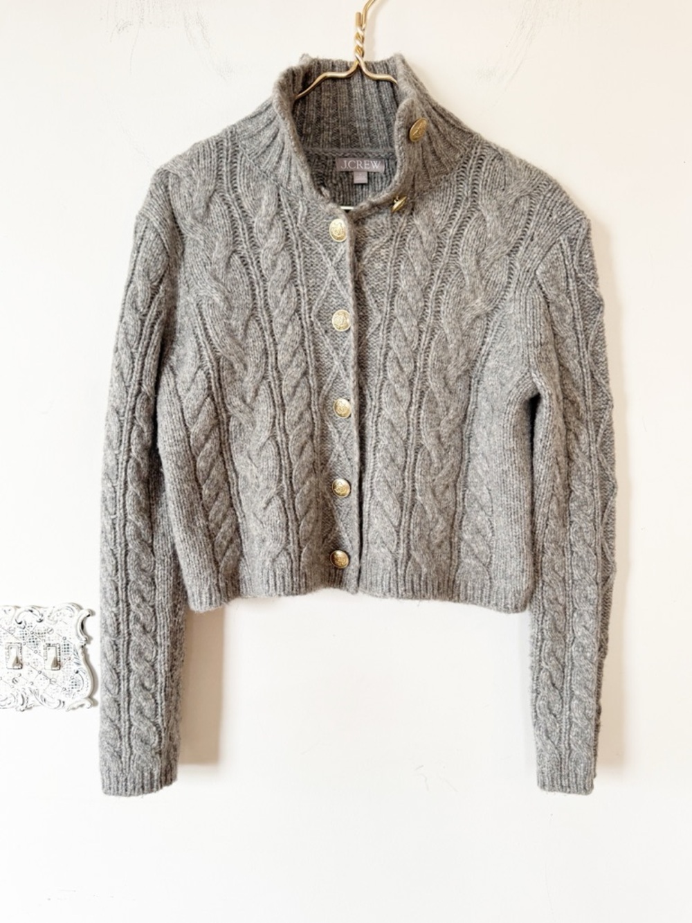 J. Crew Gray Cable-knit turtleneck cardigan Sweater Wool Cropped Gold Buttons S - Picture 4 of 9